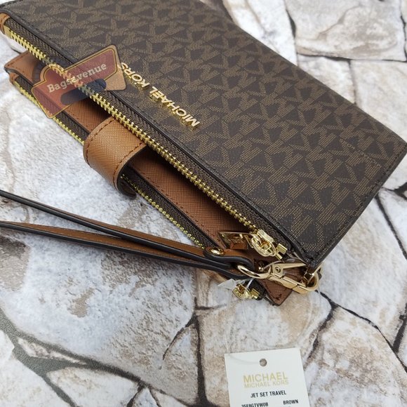 #bagsavenue new jet set travel large double zip wristlet brown michael kors - Picture 8 of 8